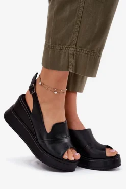 Skórzane Damskie Sandały Na Koturnie Artiker 52C0484 Czarne