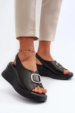 Skórzane Damskie Sandały Na Koturnie Z Ozdobą Czarne Salvania