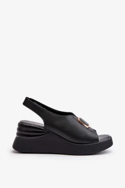 Skórzane Damskie Sandały Na Koturnie Z Ozdobą Czarne Salvania