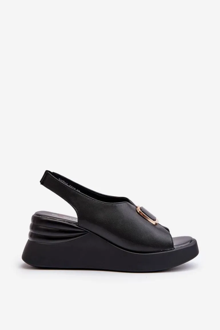 Skórzane Damskie Sandały Na Koturnie Z Ozdobą Czarne Salvania