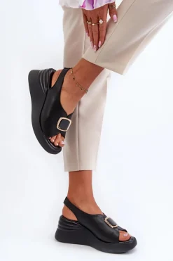 Skórzane Damskie Sandały Na Koturnie Z Ozdobą Czarne Salvania