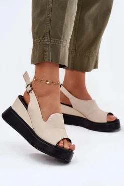 Skórzane Damskie Sandały Na Koturnie Artiker 54C0401 Beżowe