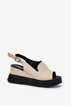 Skórzane Damskie Sandały Na Koturnie Artiker 54C0401 Beżowe