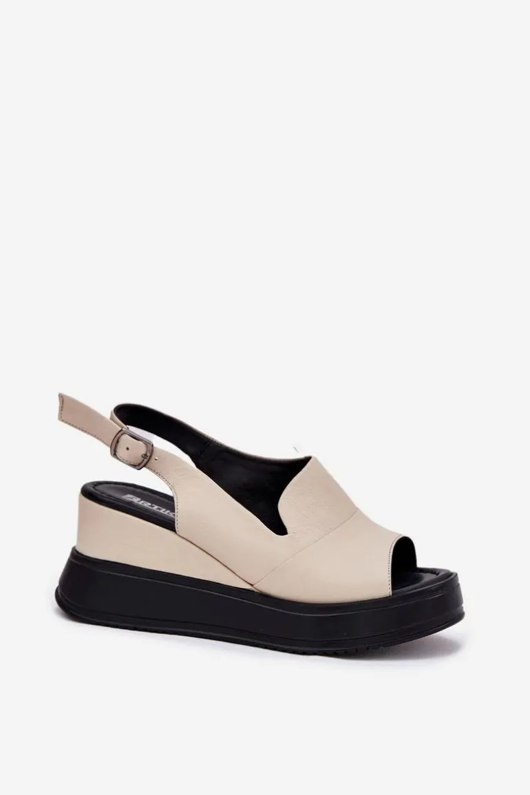 Skórzane Damskie Sandały Na Koturnie Artiker 54C0401 Beżowe