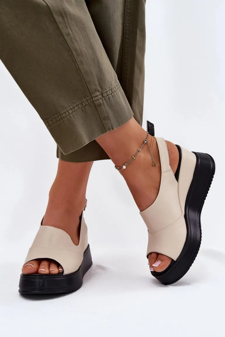 Skórzane Damskie Sandały Na Koturnie Artiker 54C0401 Beżowe