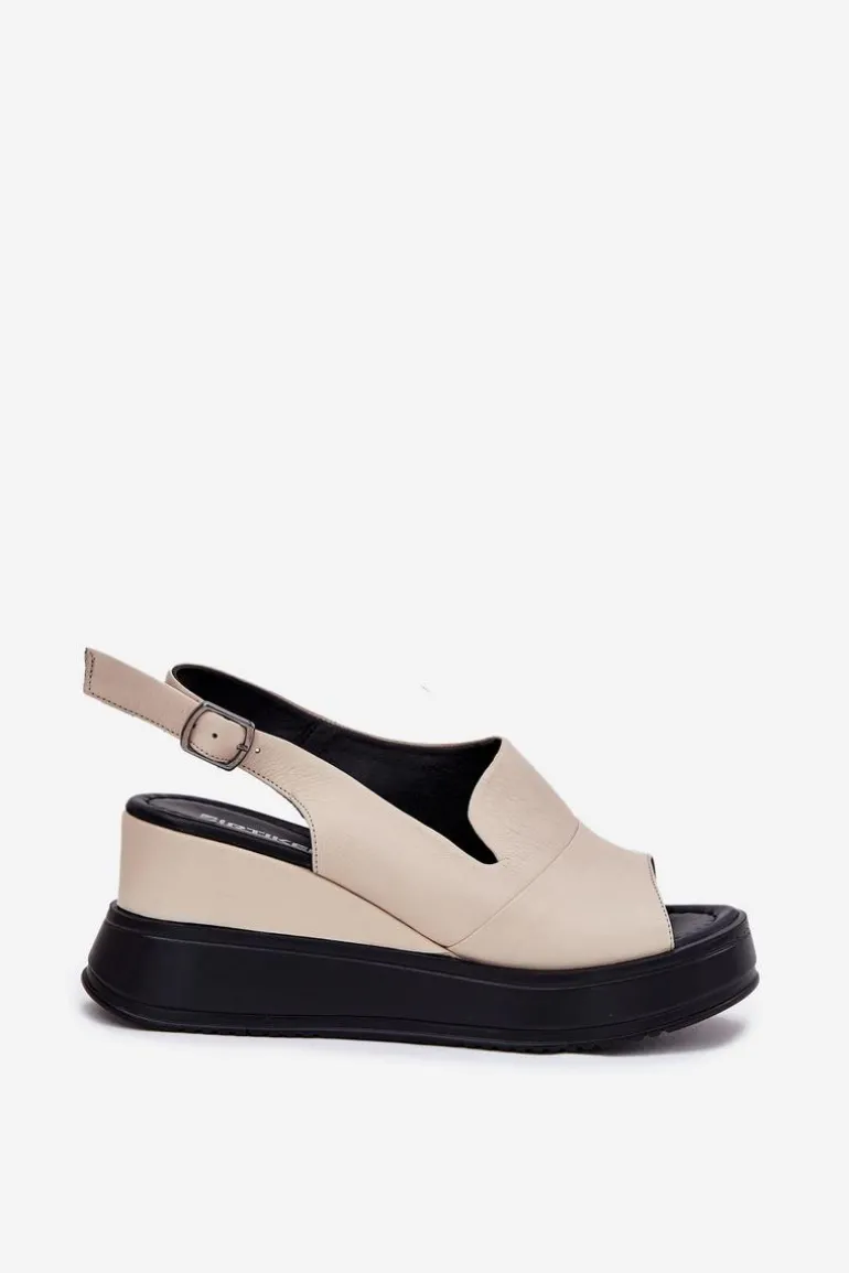 Skórzane Damskie Sandały Na Koturnie Artiker 54C0401 Beżowe