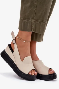 Skórzane Damskie Sandały Na Koturnie Artiker 54C0401 Beżowe