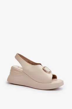 Skórzane Damskie Sandały Na Koturnie Z Ozdobą Beżowe Salvania