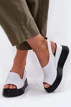 Skórzane Damskie Sandały Na Koturnie Artiker 52C0483 Białe