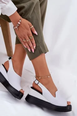 Skórzane Damskie Sandały Na Koturnie Artiker 52C0483 Białe