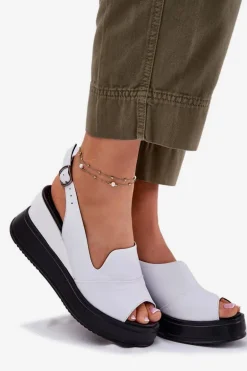 Skórzane Damskie Sandały Na Koturnie Artiker 52C0483 Białe