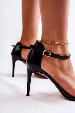 Skórzane Damskie Sandały Na Szpilce Lewski Shoes 3238 Czarne