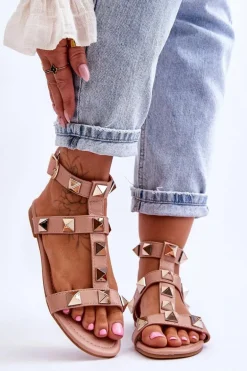 Skórzane Damskie Sandały Z Dużymi Ćwiekami Nude Mishigan