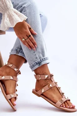 Skórzane Damskie Sandały Z Dużymi Ćwiekami Nude Mishigan