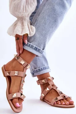 Skórzane Damskie Sandały Z Dużymi Ćwiekami Nude Mishigan