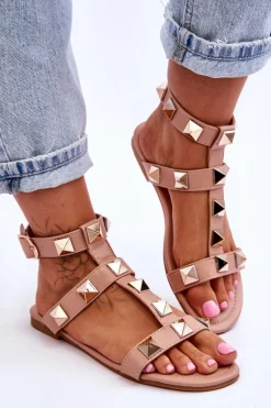 Skórzane Damskie Sandały Z Dużymi Ćwiekami Nude Mishigan