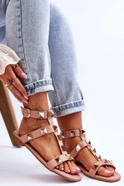 Skórzane Damskie Sandały Z Dużymi Ćwiekami Nude Mishigan