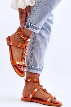 Skórzane Damskie Sandały Z Dużymi Ćwiekami Pomarańczowe Mishigan