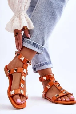 Skórzane Damskie Sandały Z Dużymi Ćwiekami Pomarańczowe Mishigan