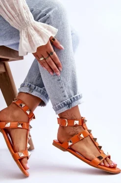 Skórzane Damskie Sandały Z Dużymi Ćwiekami Pomarańczowe Mishigan