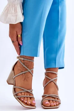 Skórzane Damskie Sandały Z Cyrkoniami Na Obcasie Złote Liviano