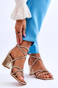 Skórzane Damskie Sandały Z Cyrkoniami Na Obcasie Złote Liviano