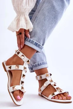 Skórzane Damskie Sandały Z Dużymi Ćwiekami Białe Mishigan