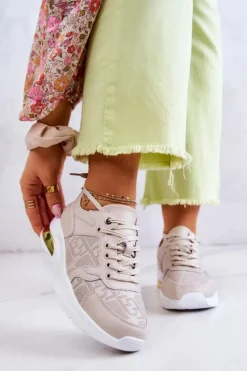 Skórzane Damskie Sneakersy Na Koturnie Beżowe Phiness