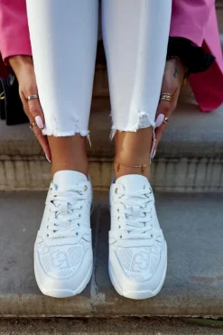 Skórzane Damskie Sneakersy Na Koturnie Białe Phiness