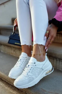 Skórzane Damskie Sneakersy Na Koturnie Białe Phiness