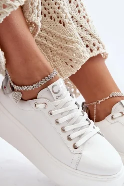 Skórzane Damskie Sneakersy Z Bransoletą CheBello 4406 Białe