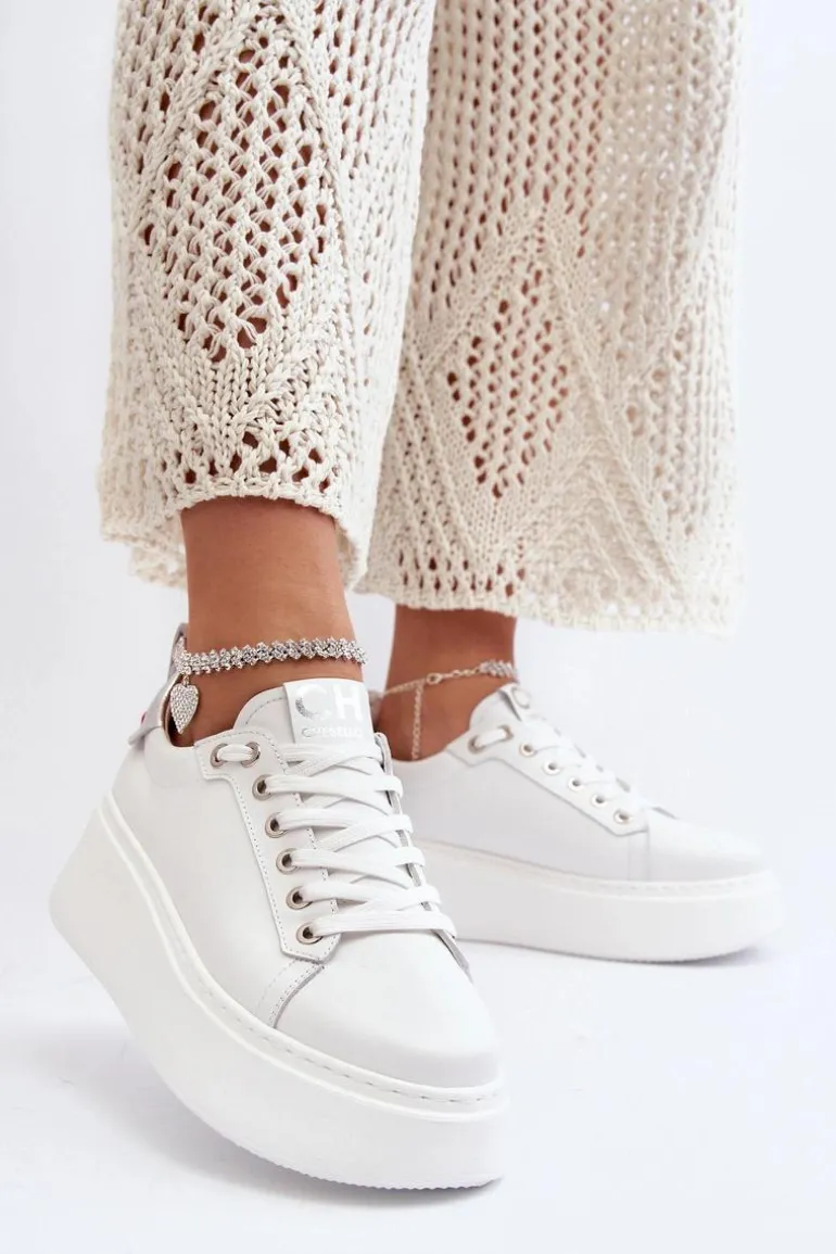 Skórzane Damskie Sneakersy Z Bransoletą CheBello 4406 Białe