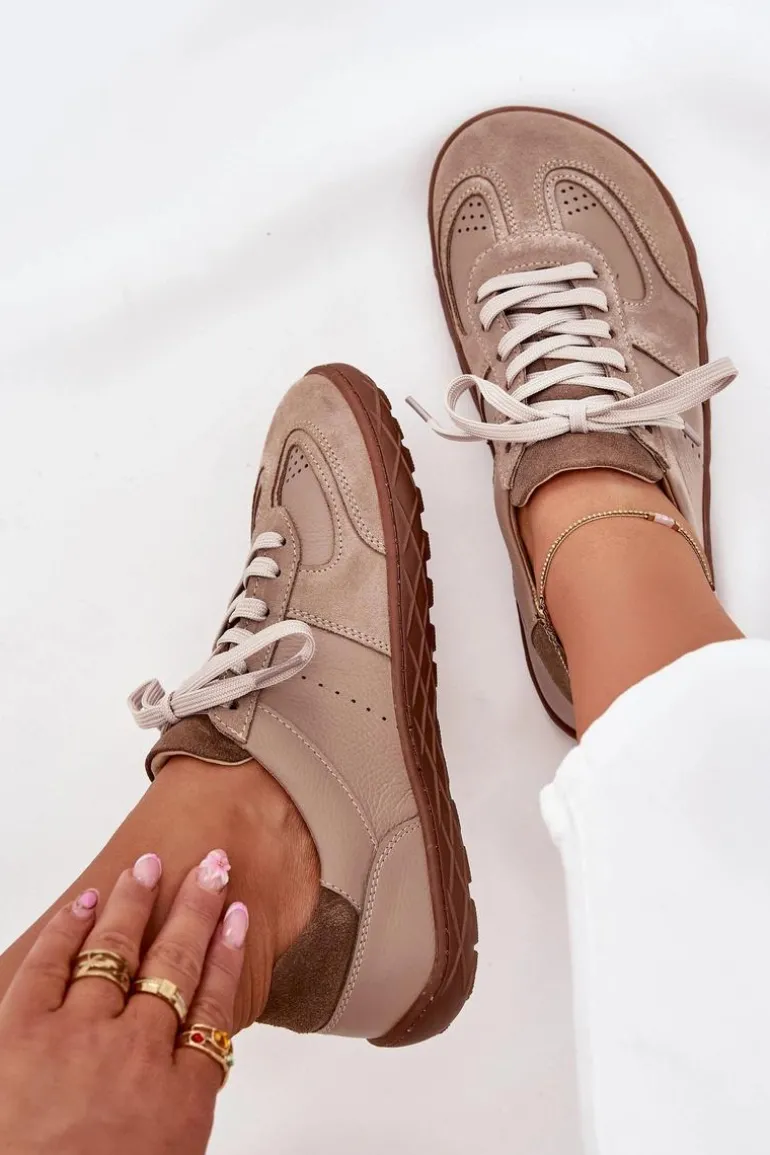 Skórzane Damskie Trampki Barefoot Zazoo N1277S2 Beżowe