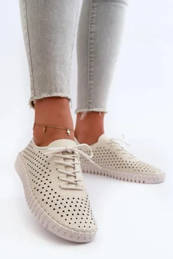 Skórzane Damskie Trampki Z Ażurowym Wzorem Beżowe Ilvima