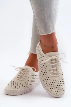 Skórzane Damskie Trampki Z Ażurowym Wzorem Beżowe Ilvima