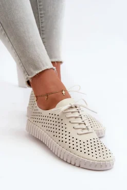 Skórzane Damskie Trampki Z Ażurowym Wzorem Beżowe Ilvima