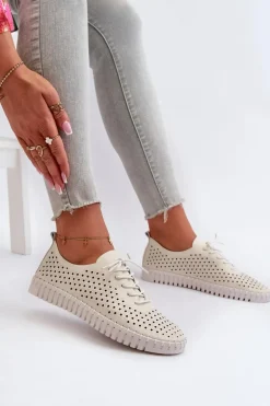 Skórzane Damskie Trampki Z Ażurowym Wzorem Beżowe Ilvima