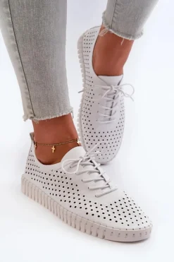 Skórzane Damskie Trampki Z Ażurowym Wzorem Białe Ilvima