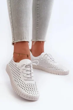 Skórzane Damskie Trampki Z Ażurowym Wzorem Białe Ilvima