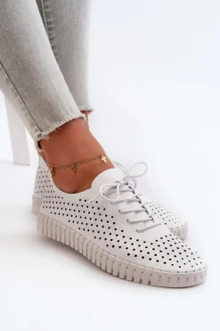 Skórzane Damskie Trampki Z Ażurowym Wzorem Białe Ilvima