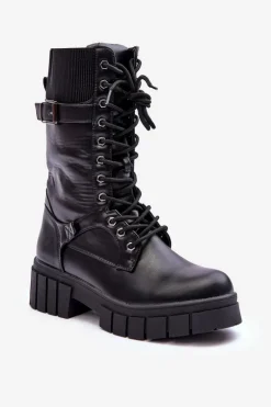 Skórzane Damskie Wysokie Botki Workery Czarne Madit