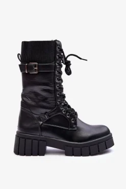 Skórzane Damskie Wysokie Botki Workery Czarne Madit