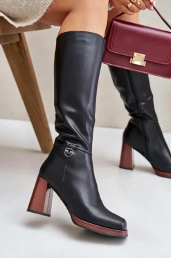 Skórzane Eleganckie Kozaki Na Słupku Ocieplane D&A JC42-39 Czarne