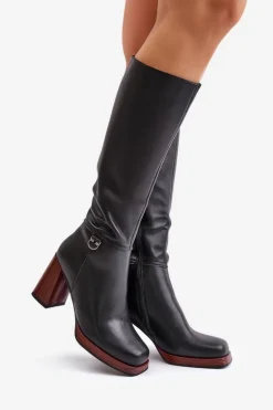 Skórzane Eleganckie Kozaki Na Słupku Ocieplane D&A JC42-39 Czarne