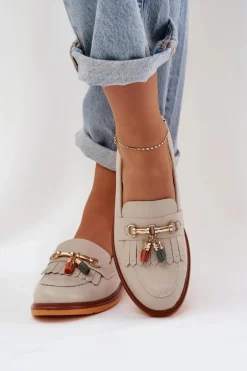 Skórzane Eleganckie Mokasyny Na Płaskim Obcasie S.Barski LR51-768 Beżowe