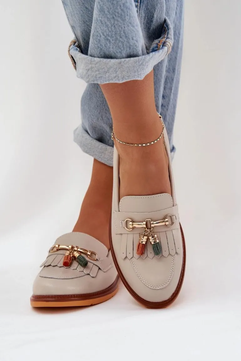 Skórzane Eleganckie Mokasyny Na Płaskim Obcasie S.Barski LR51-768 Beżowe