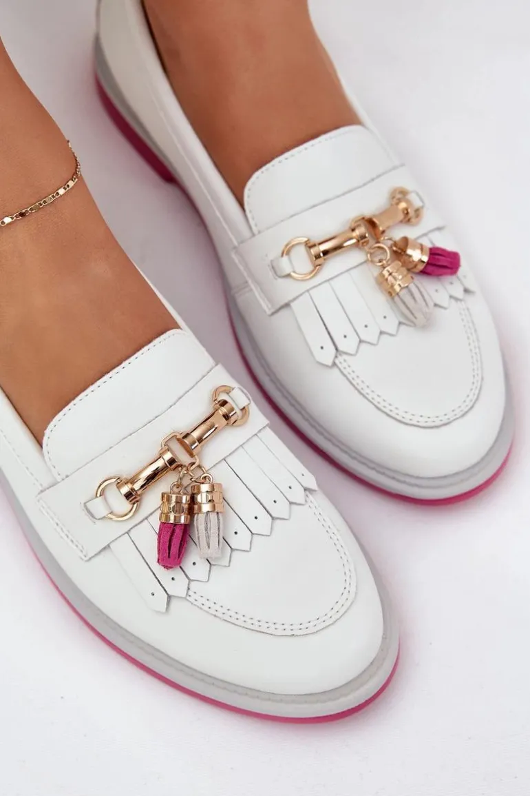 Skórzane Eleganckie Mokasyny Na Płaskim Obcasie S.Barski LR51-768 Białe