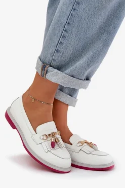 Skórzane Eleganckie Mokasyny Na Płaskim Obcasie S.Barski LR51-768 Białe