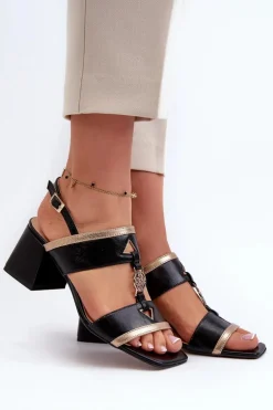 Skórzane Eleganckie Sandały Na Klocku Laura Messi 2768 Czarne