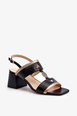 Skórzane Eleganckie Sandały Na Klocku Laura Messi 2768 Czarne